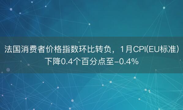法国消费者价格指数环比转负，1月CPI(EU标准)下降0.4个百分点至-0.4%